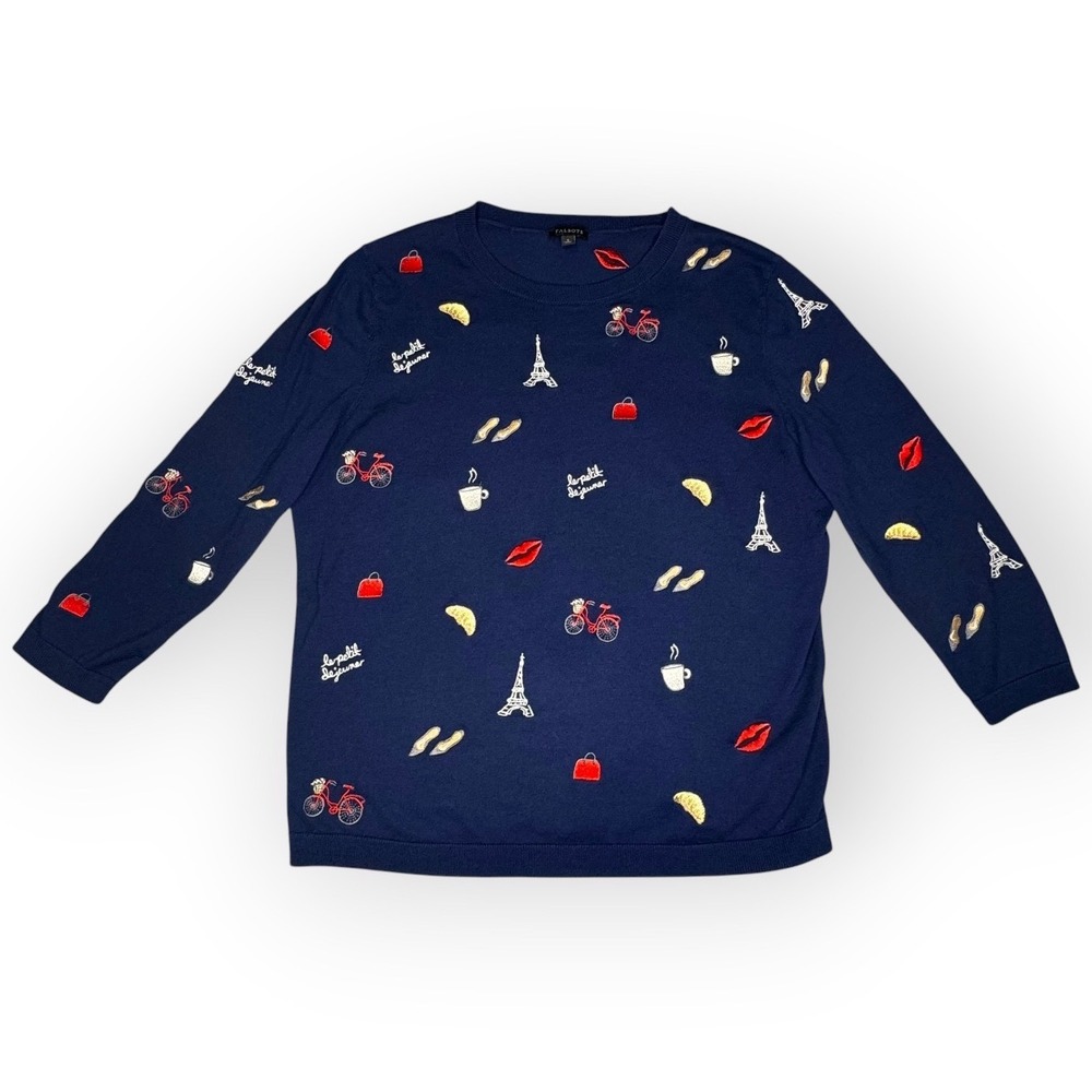 Talbots Navy Blue Embroidered Paris Theme Pullover Top Eiffel Tower Size S